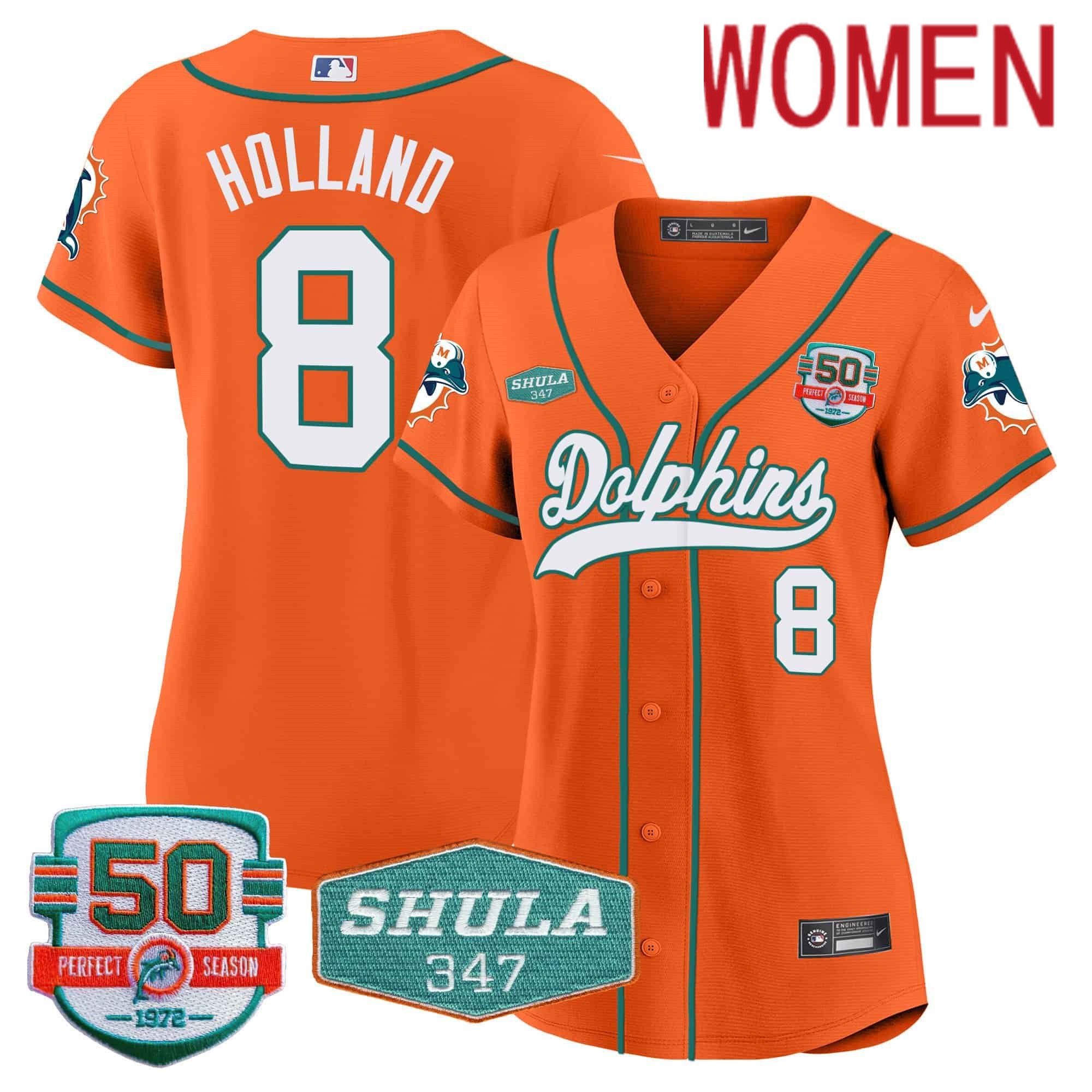 Women Miami Dolphins 8 Holland Orange 2024 Nike 50th Don Shula Memorial Patch Baseball NFL Jersey